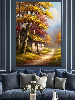 Artmeg Sonbaharda Ormandaki Küçük Köy Evi Dekoratif Kanvas - Mdf Ahşap Tablo