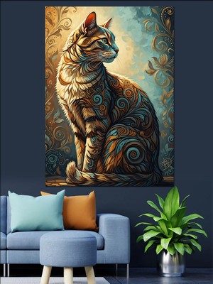 Artmeg Etnik Desenli Kedi Sanatı Dekoratif Kanvas - Mdf Ahşap Tablo