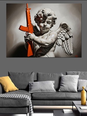 Artmeg Oyuncak Silahlı Küçük Melek Çocuk Heykeli Dekoratif Kanvas - Mdf Ahşap Tablo