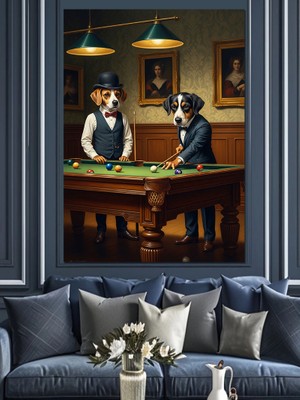 Artmeg Bilardo Oynayan Köpekler Eğlenceli Tablo Dekoratif Kanvas - Mdf Ahşap Tablo