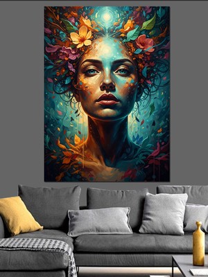 Artmeg Çiçeklerle Bezeli Kadın Yüzü Dekoratif Kanvas - Mdf Ahşap Tablo