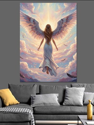 Artmeg Bulutlar Arasında Kanatlı Kadın Melek Dekoratif Kanvas - Mdf Ahşap Tablo