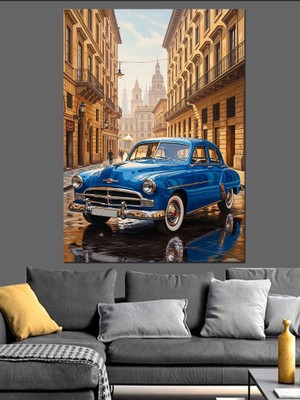 Artmeg Klasik Mavi Araba Sokakta Dekoratif Kanvas - Mdf Ahşap Tablo