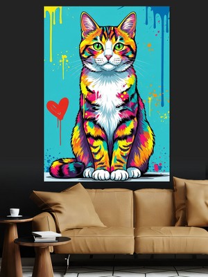 Artmeg Renkli Modern Sanat Kedisi Dekoratif Kanvas - Mdf Ahşap Tablo