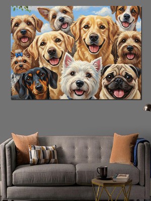 Artmeg Bir Arada Toplanmış Mutlu Köpekler Dekoratif Kanvas - Mdf Ahşap Tablo