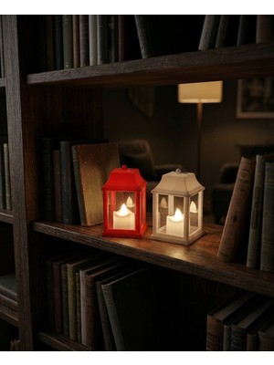 Artepieza Kırmızı Beyaz Pilli LED Işıklı Dekoratif Mini Fener Mumluk Ikili Set-Dekoratif Plastik Fener Mumluk 11*6 cm