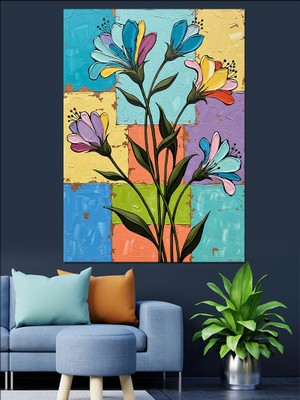 Artmeg Geometrik Renkli Çiçek Deseni Dekoratif Kanvas - Mdf Ahşap Tablo