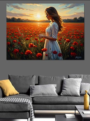 Artmeg Kırmızı Çiçek Tarlasında Genç Kadın Dekoratif Kanvas - Mdf Ahşap Tablo