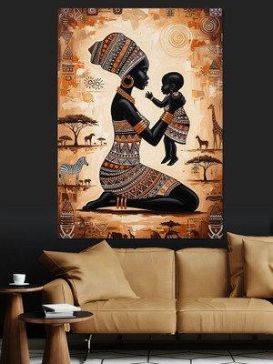 Artmeg Bebekli Afrikalı Anne Figürü Dekoratif Kanvas - Mdf Ahşap Tablo