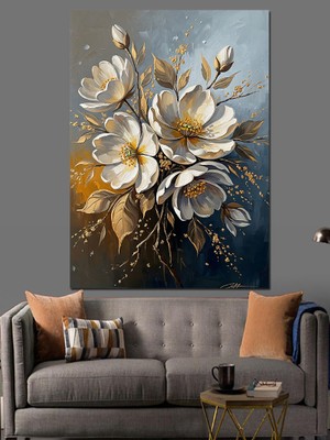 Artmeg Beyaz Çiçeklerin Zarif Altın Detayları Dekoratif Kanvas - Mdf Ahşap Tablo