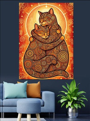 Artmeg Desenli Kedi ve Yavrusu Sarılması Dekoratif Kanvas - Mdf Ahşap Tablo