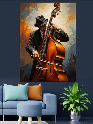 Artmeg Kontrabas Çalan Şık Müzisyen Portresi Dekoratif Kanvas - Mdf Ahşap Tablo