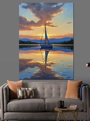 Artmeg Gün Batımında Yalnız Yelkenli Tekne Dekoratif Kanvas - Mdf Ahşap Tablo