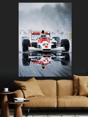 Artmeg Islak Pistte Yarışan F1 Arabası Dekoratif Kanvas - Mdf Ahşap Tablo