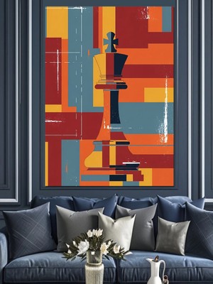 Artmeg Geometrik Renkli Modern Satranç Şahı Dekoratif Kanvas - Mdf Ahşap Tablo