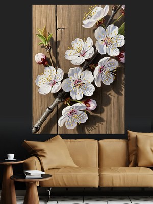 Artmeg Bahar Dalında Beyaz Çiçekler Dekoratif Kanvas - Mdf Ahşap Tablo