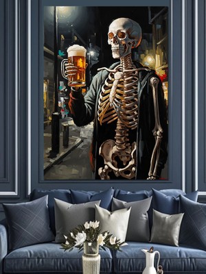 Artmeg Içecek Içen Iskelet Figürü Dekoratif Kanvas - Mdf Ahşap Tablo