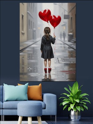 Artmeg Kalp Balonlu Küçük Kız Dekoratif Kanvas - Mdf Ahşap Tablo