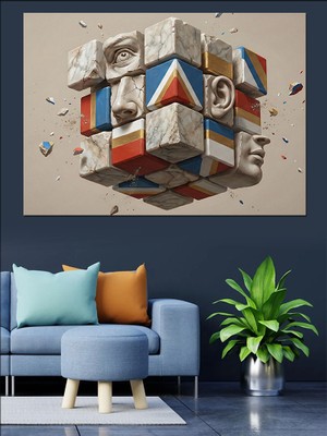Artmeg Sürrealist Küp Üstünde Insan Yüzleri Dekoratif Kanvas - Mdf Ahşap Tablo