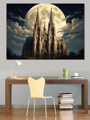 Artmeg Dolunay Altında Gotik Kilise Kulesi Dekoratif Kanvas - Mdf Ahşap Tablo