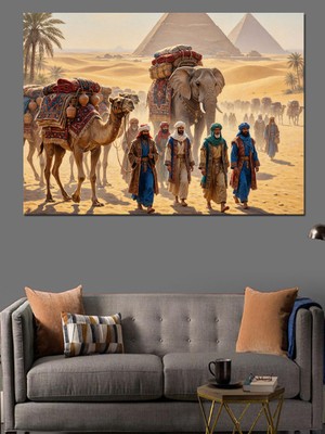 Artmeg Piramitler Önünde Kervan ve Filler Dekoratif Kanvas - Mdf Ahşap Tablo