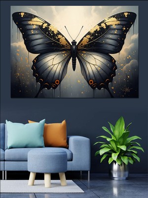 Artmeg Altın ve Siyah Kanatlı Kelebek Dekoratif Kanvas - Mdf Ahşap Tablo