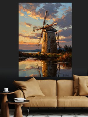 Artmeg Gün Batımında Antika Yel Değirmeni Dekoratif Kanvas - Mdf Ahşap Tablo