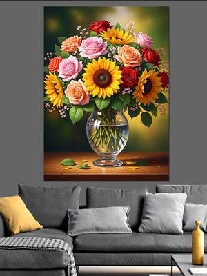 Artmeg Cam Vazoda Rengarenk Çiçek Buketi Dekoratif Kanvas - Mdf Ahşap Tablo
