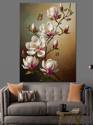 Artmeg Pembe Manolya Çiçekleri ve Kelebek Dekoratif Kanvas - Mdf Ahşap Tablo