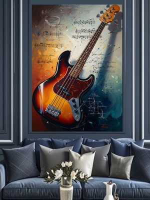 Artmeg Notalarla Süslü Klasik Elektro Gitar Dekoratif Kanvas - Mdf Ahşap Tablo