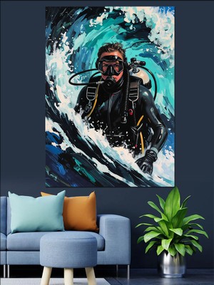 Artmeg Dalgalar Arasında Profesyonel Dalgıç Figürü Dekoratif Kanvas - Mdf Ahşap Tablo