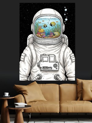 Artmeg Akvaryum Başlıklı Modern Astronot Figürü Dekoratif Kanvas - Mdf Ahşap Tablo