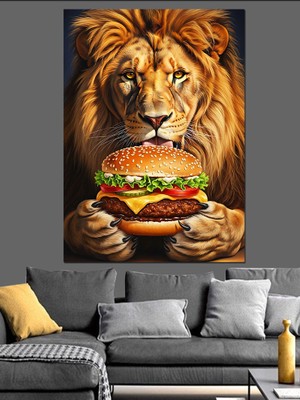 Artmeg Hamburger Yiyen Heybetli Aslan Kral Dekoratif Kanvas - Mdf Ahşap Tablo