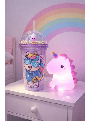 Kesene 2 Li Set Işıklı Renkli Unicorn Figürlü Gece Lambası & Pipetli Boncuk Detaylı Suluk Bardak Mor 450 ml