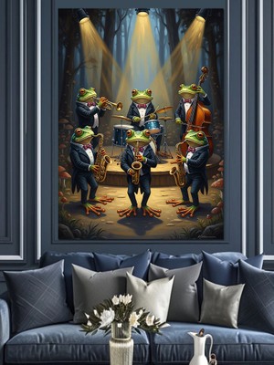 Artmeg Kurbağalardan Oluşan Müzik Grubu Dekoratif Kanvas - Mdf Ahşap Tablo