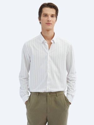 Kip Açık Bej Çizgili Regular Fit Casual Pamuk Karışımlı Gömlek