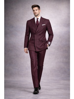 FABIO CASSEL Fabıo Cassel Çizgili Kruvaze Erkek Takım Elbise Slim Fit