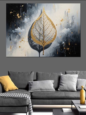 Artmeg Altın Varaklı Yaprak Deseni Dekoratif Kanvas - Mdf Ahşap Tablo