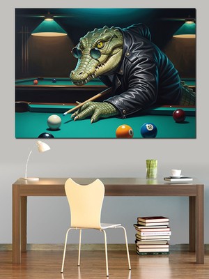 Artmeg Bilardo Masasında Ceketli Timsah Figürü Dekoratif Kanvas - Mdf Ahşap Tablo