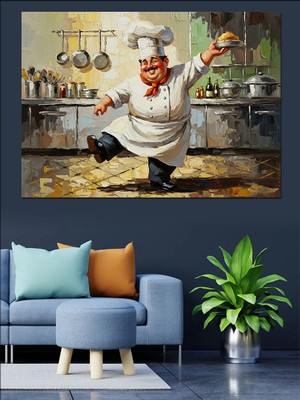 Artmeg Mutfakta Dans Eden Şef Illüstrasyonu Dekoratif Kanvas - Mdf Ahşap Tablo