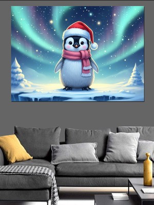 Artmeg Noel Şapkalı Sevimli Penguen Karakteri Dekoratif Kanvas - Mdf Ahşap Tablo