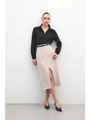 Sateen Anna Yırtmaçlı Etek - Bej