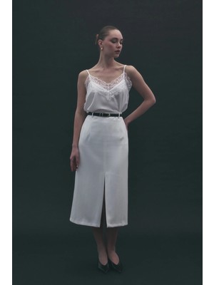 Sateen Anna Yırtmaçlı Etek - Ekru
