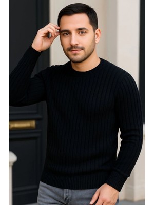 MiraLive Miray- Erkek Bisiklet Yuvarlak Yaka Triko Kazak Pamuklu Kalın Fitilli Dokuma, Regular Fit Uzun Kollu Kışlık Model - Siyah