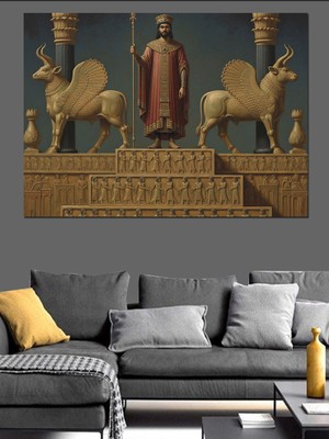 Artmeg Antik Mezopotamya Kanatlı Boğa Heykeli Dekoratif Kanvas - Mdf Ahşap Tablo