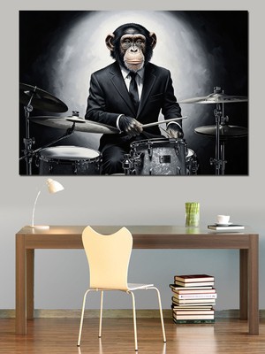 Artmeg Bateri Çalan Karizmatik Maymun Tablosu Dekoratif Kanvas - Mdf Ahşap Tablo