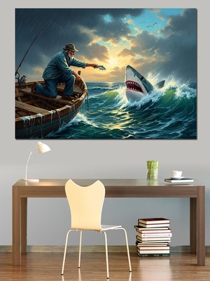 Artmeg Denizde Köpekbalığı Avlayan Yaşlı Adam Dekoratif Kanvas - Mdf Ahşap Tablo