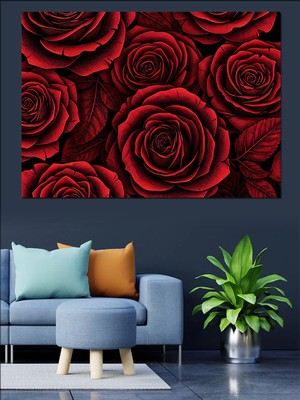 Artmeg Kırmızı Güllerle Dolu Duvar Kağıdı Dekoratif Kanvas - Mdf Ahşap Tablo