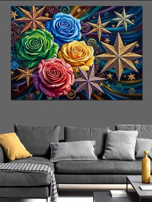 Artmeg Renkli Çiçekler ve Mistik Semboller Dekoratif Kanvas - Mdf Ahşap Tablo