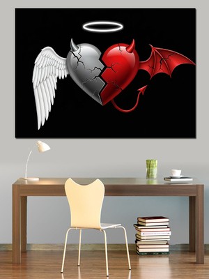 Artmeg Kırık Kalp Melek ve Şeytan Dekoratif Kanvas - Mdf Ahşap Tablo